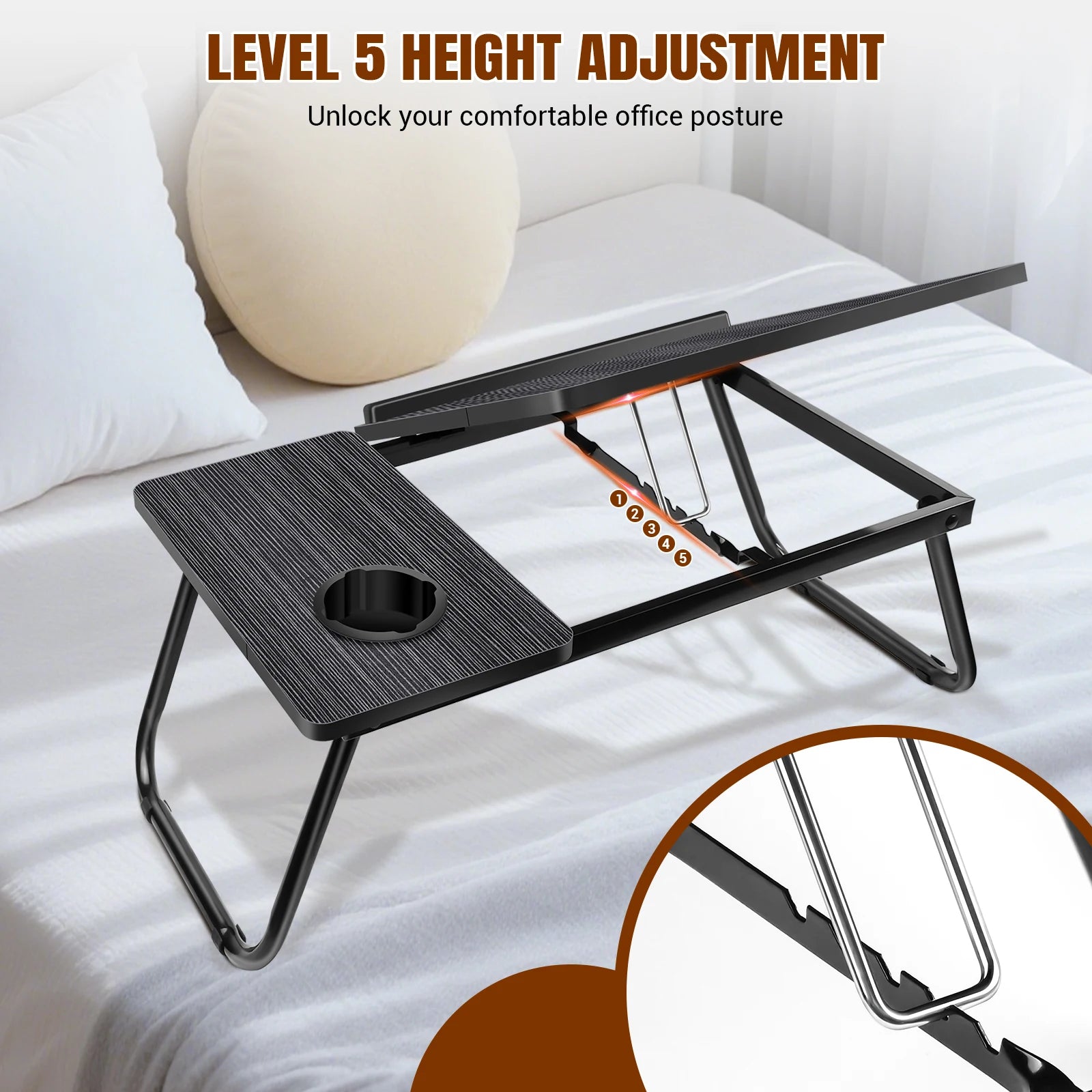 Laptop Bed Table, Adjustable Laptop Desk with Foldable Legs, Cup Holder & Book Stand, Tray Table for Home Office, Studying, Read