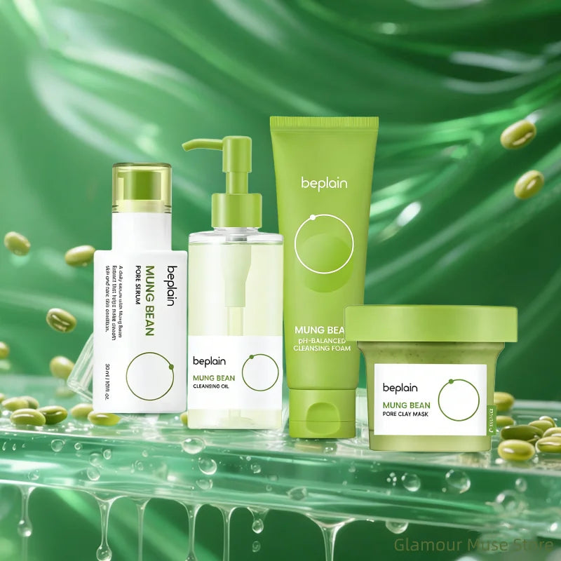 Korean Skincare Products BEPLAIN Mung Bean Pore Serum,Deep Cleansing Foam,facial Pore Remover Clay Mask and Makeup Remover Oil