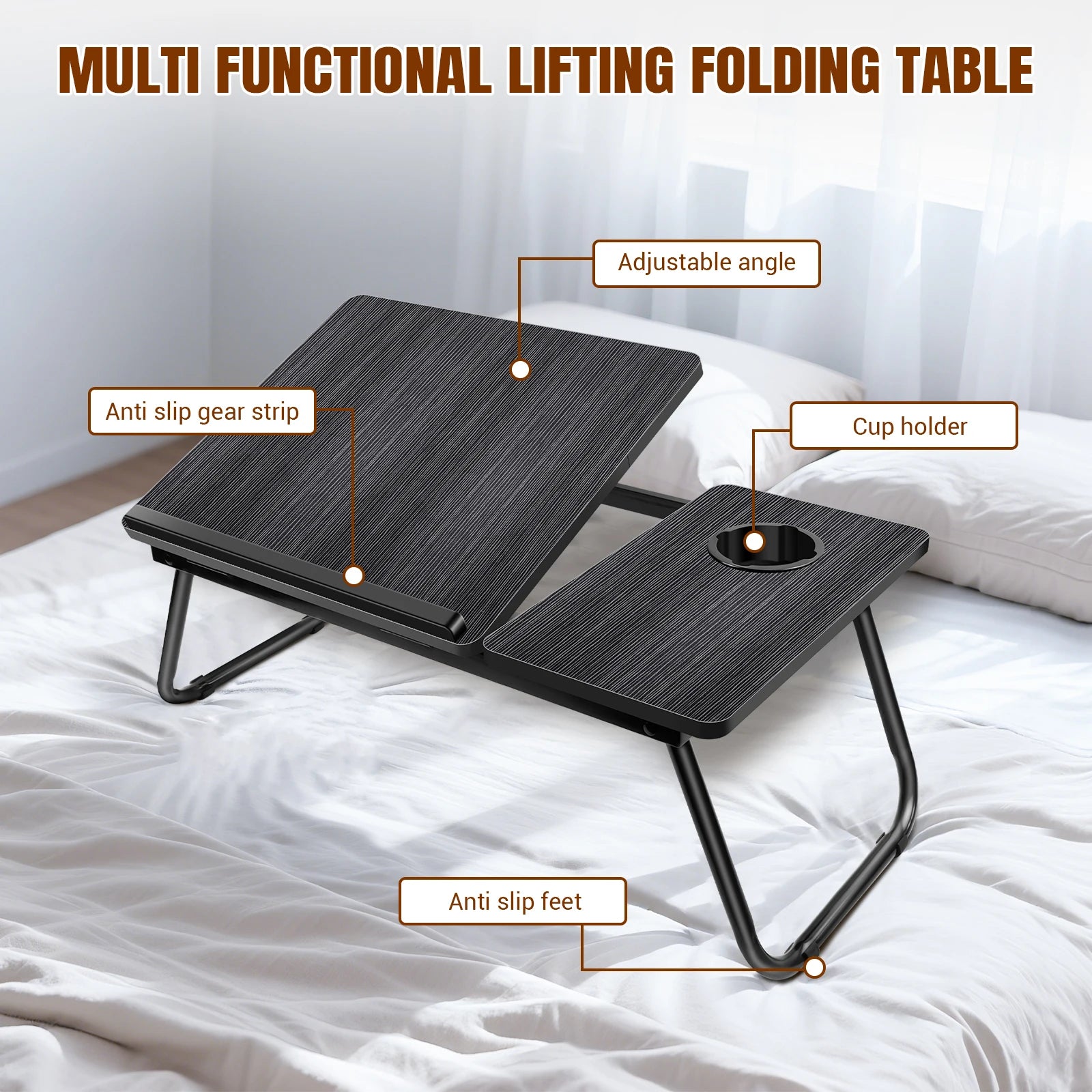 Laptop Bed Table, Adjustable Laptop Desk with Foldable Legs, Cup Holder & Book Stand, Tray Table for Home Office, Studying, Read