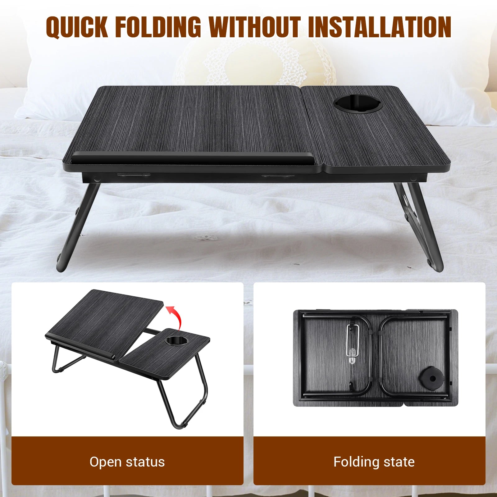 Laptop Bed Table, Adjustable Laptop Desk with Foldable Legs, Cup Holder & Book Stand, Tray Table for Home Office, Studying, Read