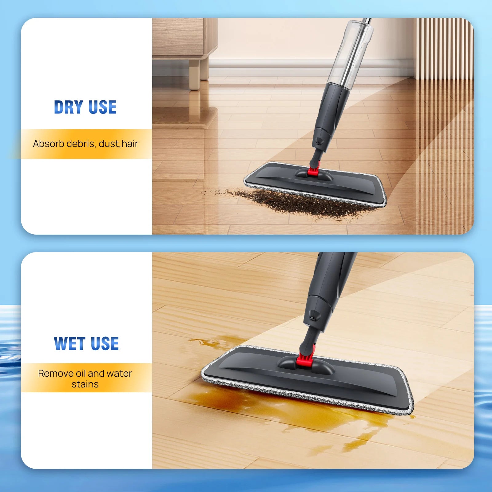 360° Spray Mop for Floors w/700ml Bottle & 3 Reusable Microfiber Pads - Wet/Dry Hardwood Floor Cleaner