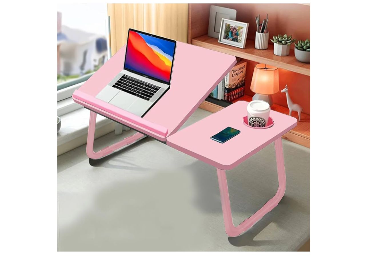Laptop Bed Table, Adjustable Laptop Desk with Foldable Legs, Cup Holder & Book Stand, Tray Table for Home Office, Studying, Read
