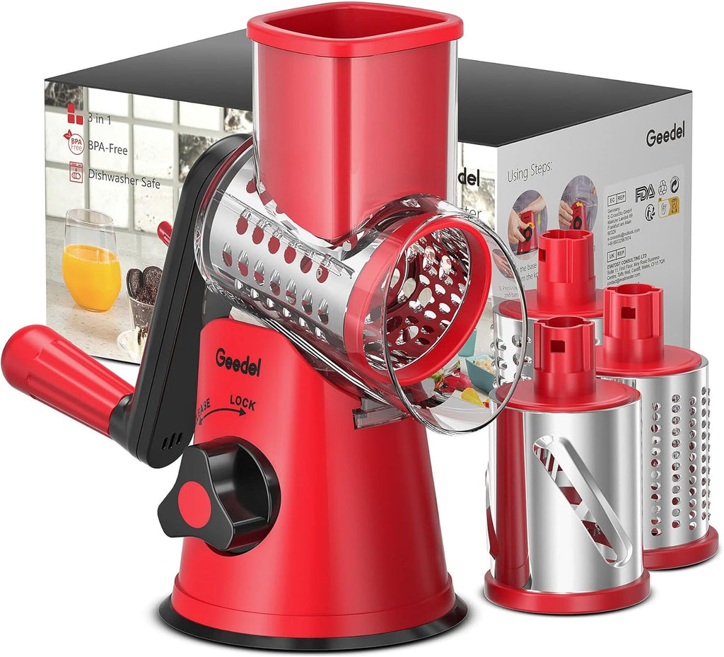 Geedel Rotary Cheese Grater, Vegetable Slicer Graters for Kitchen, 3 Blades