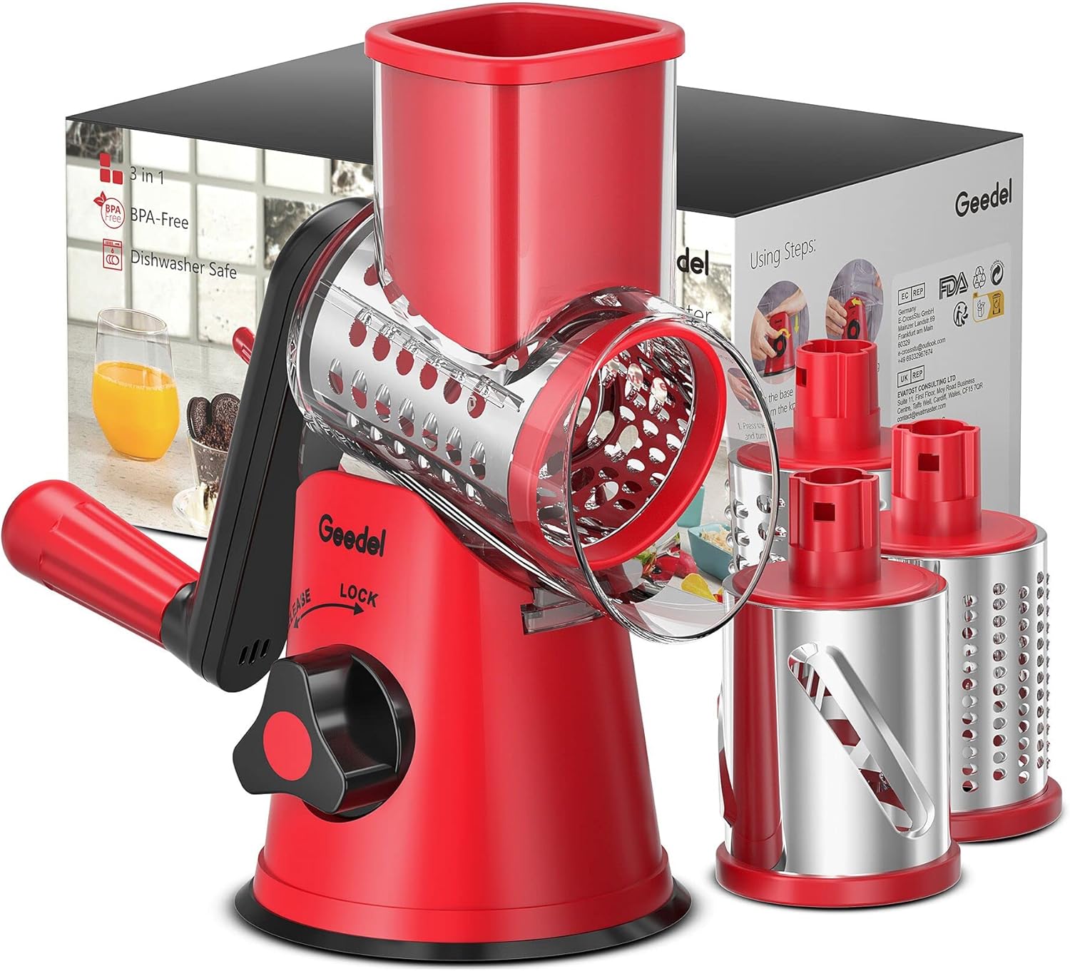 Geedel Rotary Cheese Grater, Vegetable Slicer Graters for Kitchen, 3 Blades