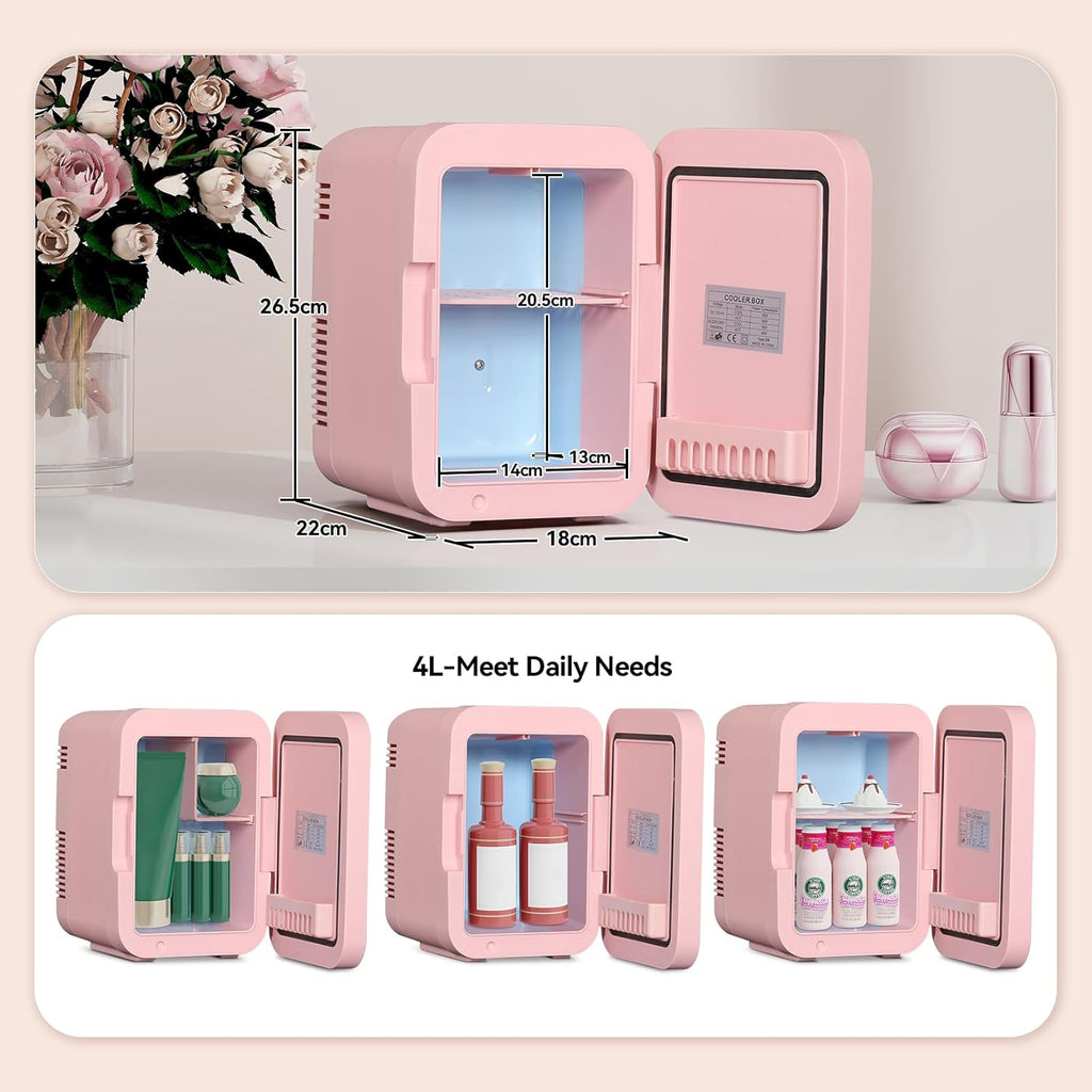 Mini Fridge for Bedrooms, 4L Skincare Fridge with LED Mirror