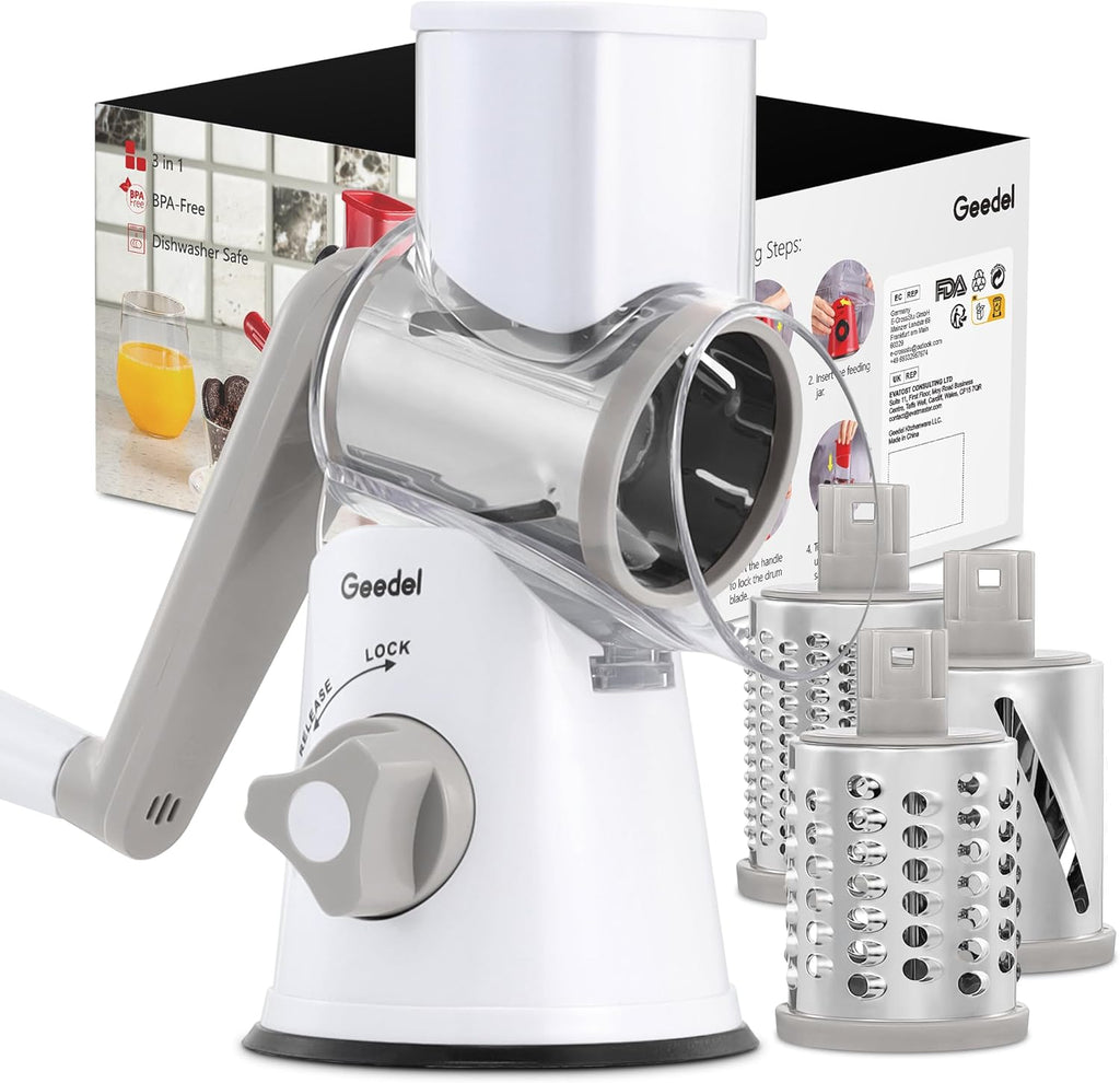 Rotary Cheese Grater, Vegetable Slicer Graters for Kitchen, 3 Blades | Versatile, Time-saving, 12x Fast Cutting