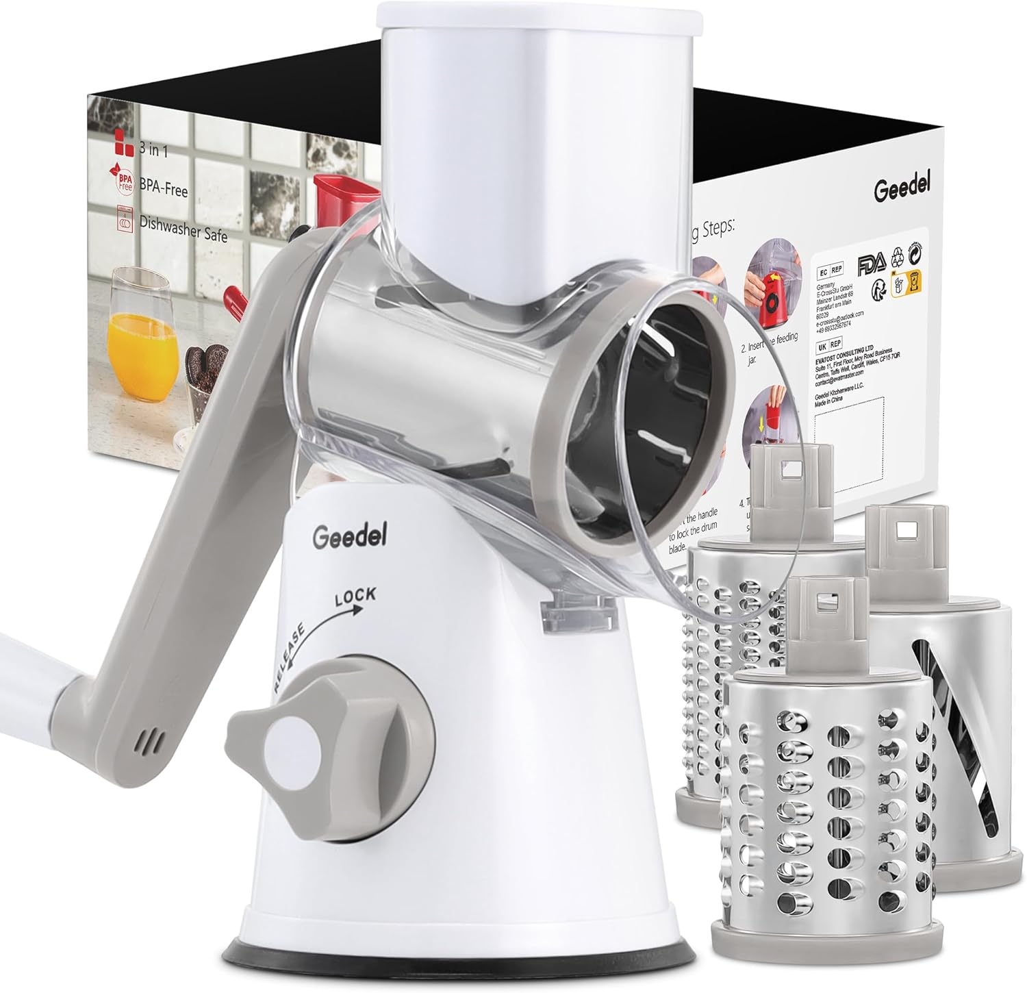 Rotary Cheese Grater, Vegetable Slicer Graters for Kitchen, 3 Blades | Versatile, Time-saving, 12x Fast Cutting