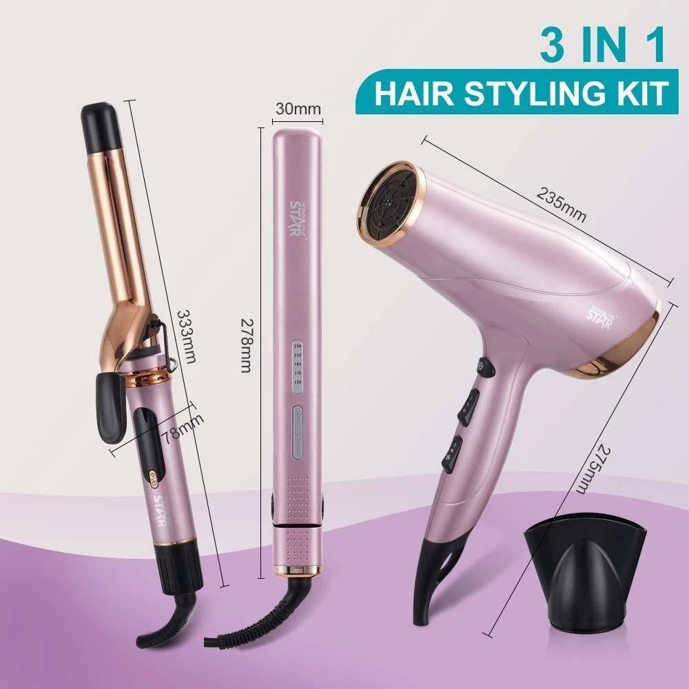 3 in 1 Hair Dryer Straightener Curler | Travel Hair Styling Kit - Rose Gold