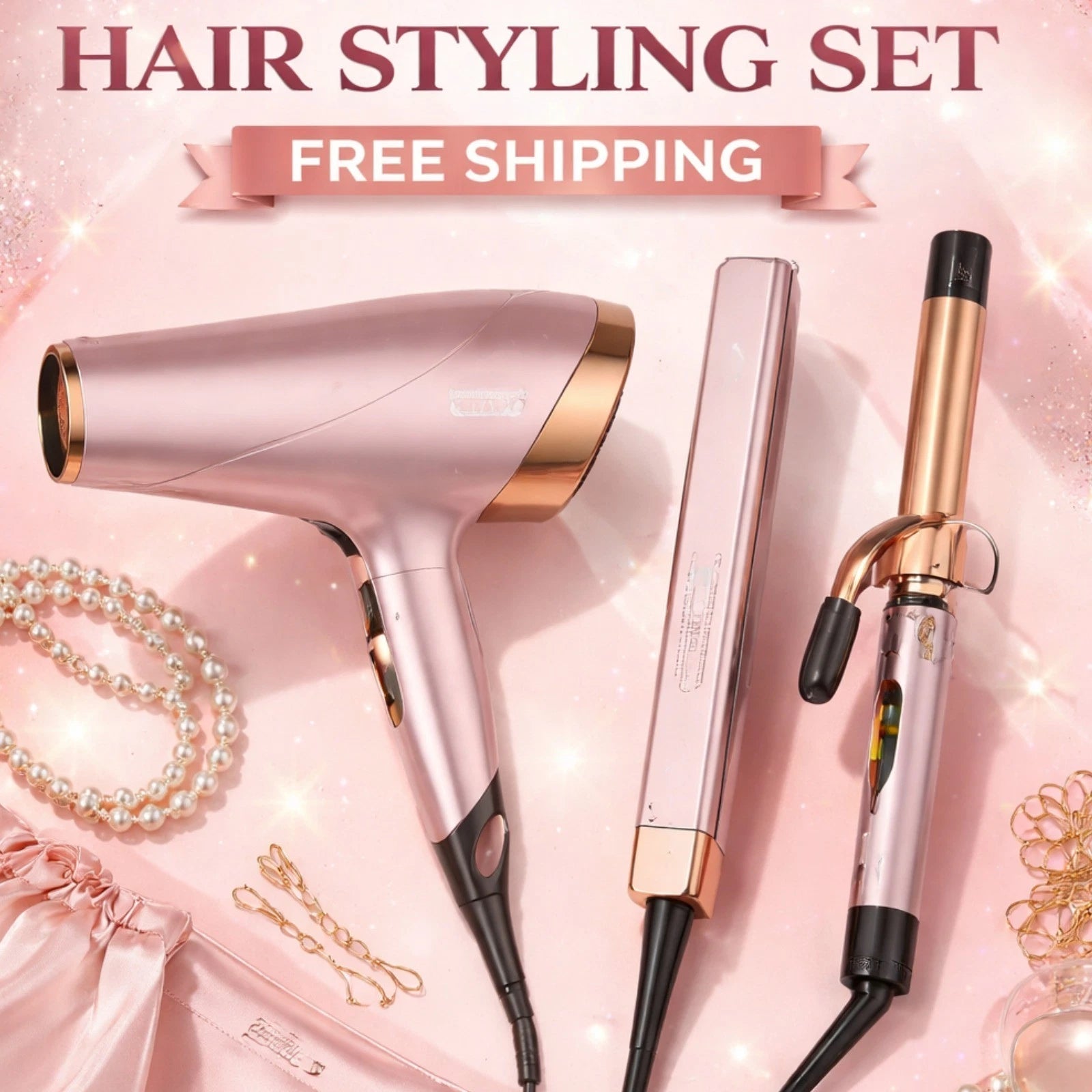 3 in 1 Hair Dryer Straightener Curler | Travel Hair Styling Kit - Rose Gold